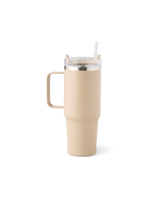 Tumbler with straw and handle 880 ml - Stainless steel. 880 ml. - Camel - Søstrene Grene