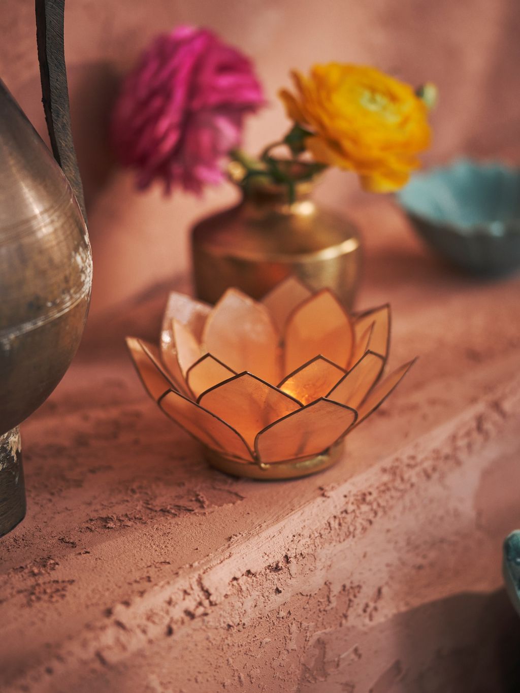 Bougeoir Lotus Bouddhiste En Métal Doré - Décoration Spirituelle, Méditation, Mariage - 19.5x22x8 Cm