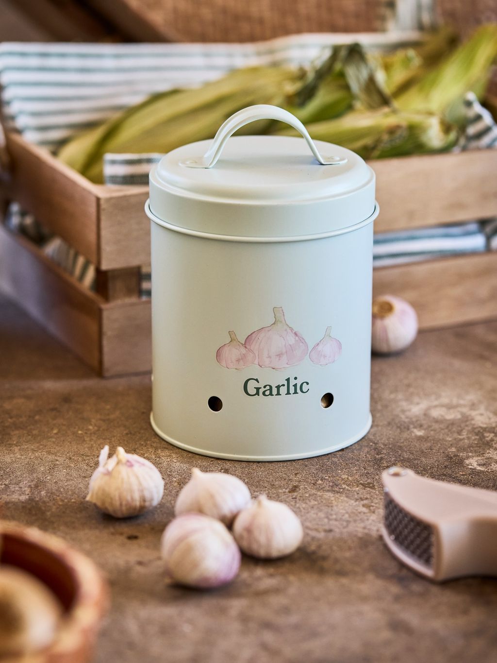 Pot à ail avec couvercle | Étain/fer. 11 x 15,5 cm. | Milky Green