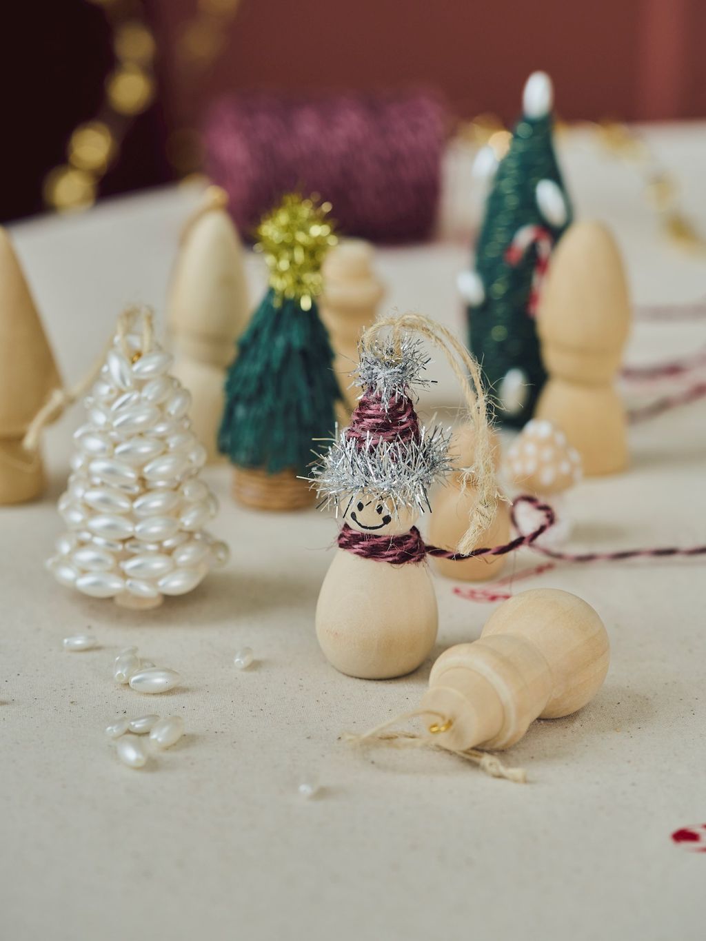 DIY-Weihnachtsbaumschmuck-Set | Holz/Jute/Eisen. 3,5 x 7 cm. 4er-Pack
