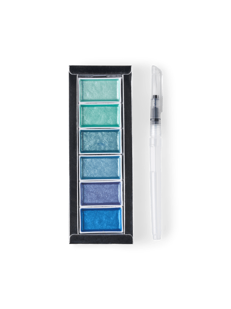 Watercolour set | 6 metallic paint colours/1 water brush. | Blue